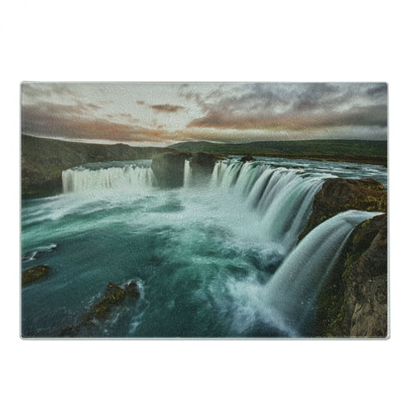 Waterfall Cutting Board, Majestic Iceland Waterfall Flowing down the River Northern Nature Photo, Decorative Tempered Glass Cutting and Serving Board, Small Size, Multicolor, by Ambesonne