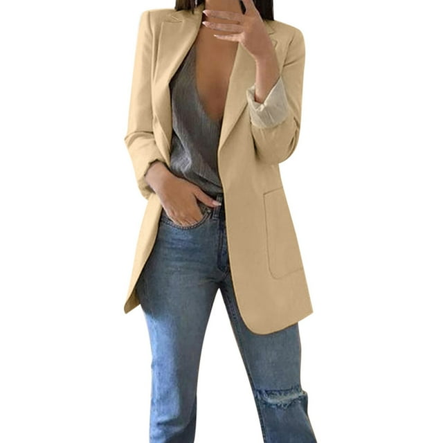 Ladies Workoffice Blazer Solid Color Fitted Suit Single Breasted Blouse Button Down Fashion Jacket Lapel Notched Elegant Cardigan Mid Length Leisure Outwear