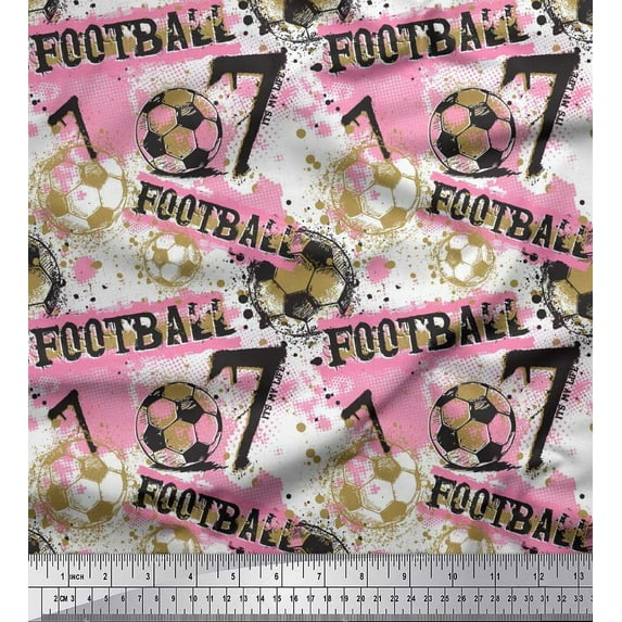 Soimoi Pink Japan Crepe Satin Fabric Brush Stroke & Football Men Print Fabric by Yard 42 Inch Wide