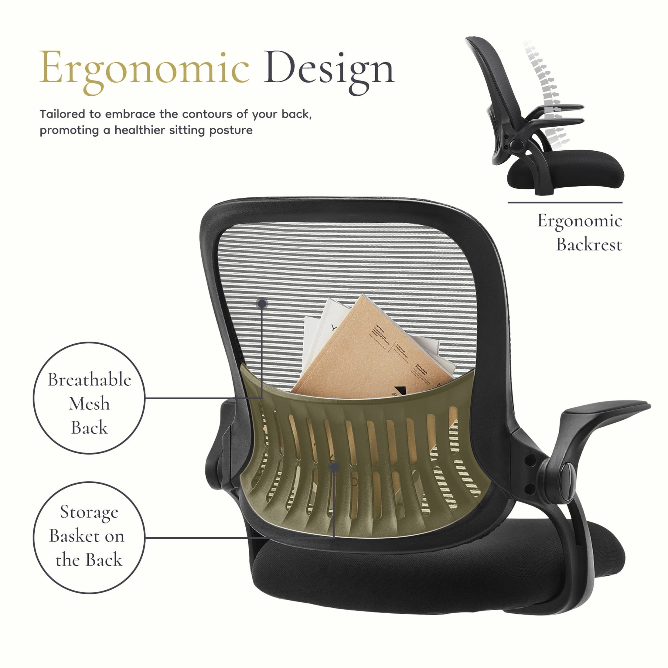 CONCETTA Ergonomic Mesh Office Desk Chair, Adjustable and Flip-up Armrest for Adults, Black