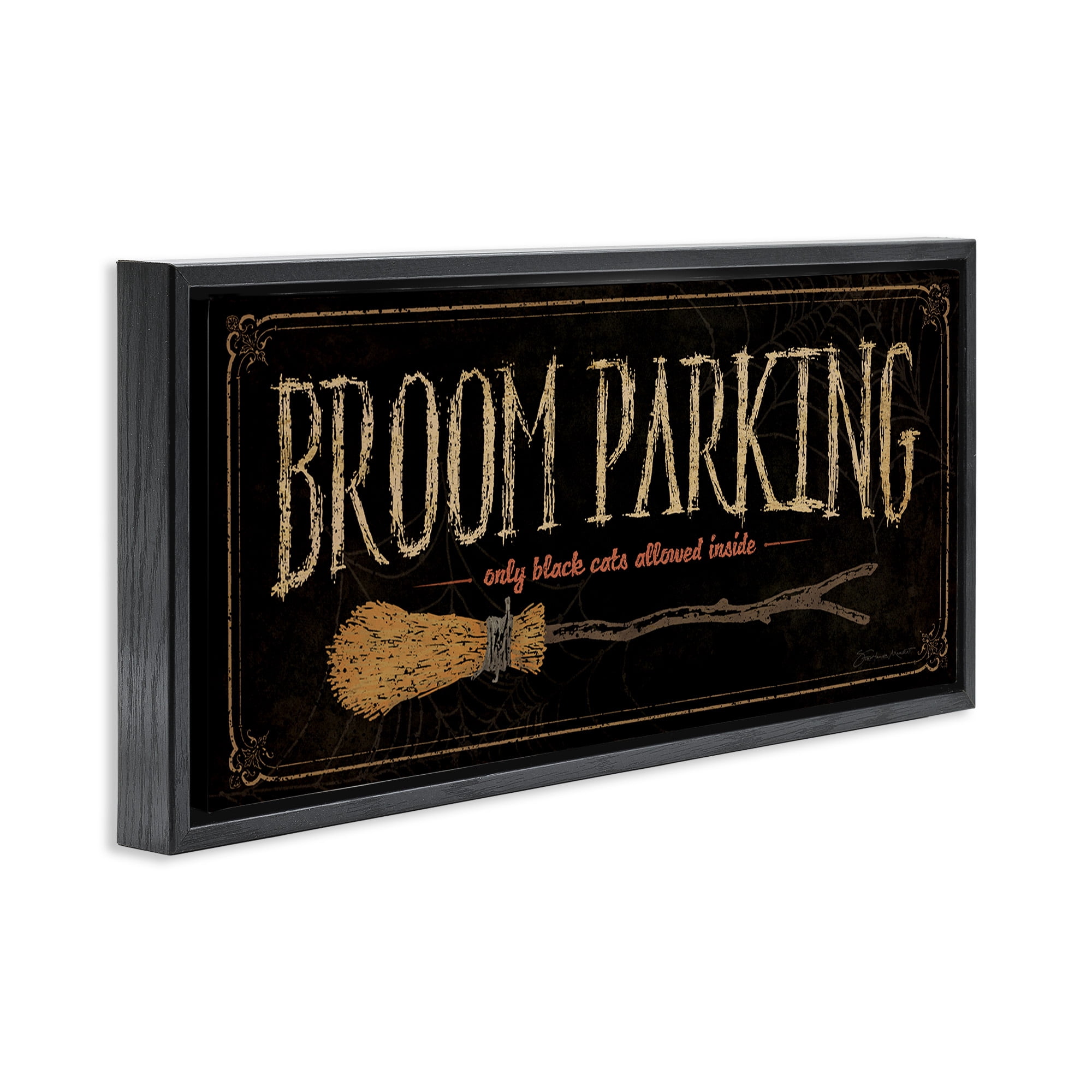 Stupell Industries Broom Parking Black Cats Allowed Holiday Painting Black Floater Framed Canvas Art Print Wall Art, 25 x 11