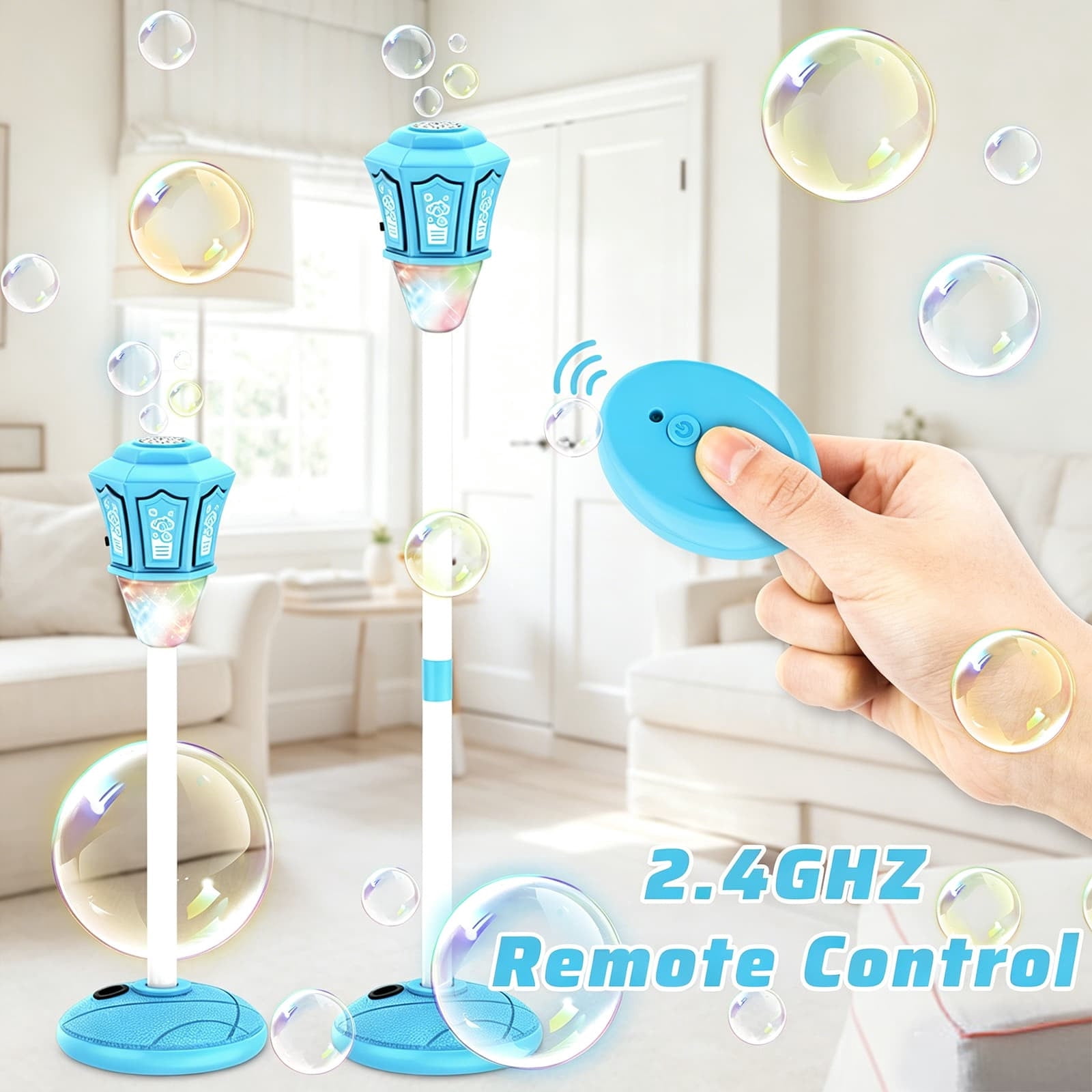 Rechargeable Automatic Bubble Machine With Light Music Adjustable Height And Detachable Wand For Outdoor Play(Blue)