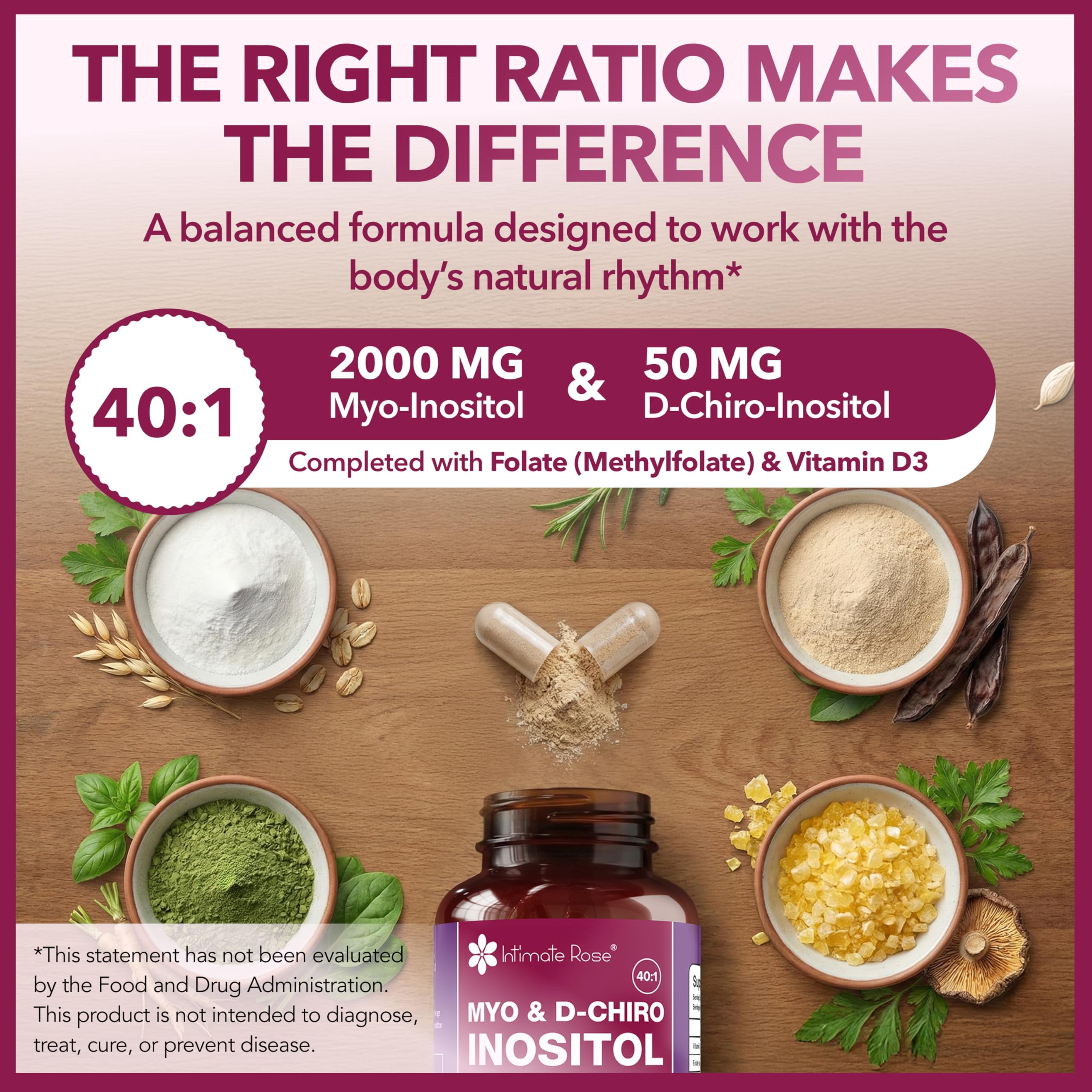 Intimate Rose Myo-Inositol & D-Chiro Inositol Supplement with Folate and Vitamin D - Support Hormonal Balance, Regular Cycles and Ovarian Health - 30-Day Supply - 40:1 Ratio Capsules