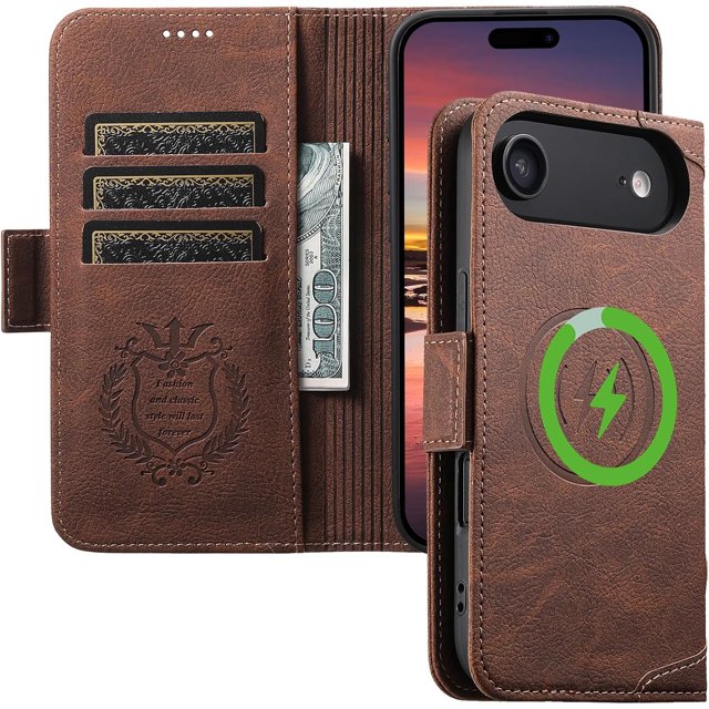 Étui Portefeuille Magnétique en Cuir pour iPhone17 Pro Max Compatible avec MagSafe & Charge Sans Fil, 3 Emplacements pour Cartes & Porte-Identité, Support, Protection Antichoc Militaire 360° Premium Marron