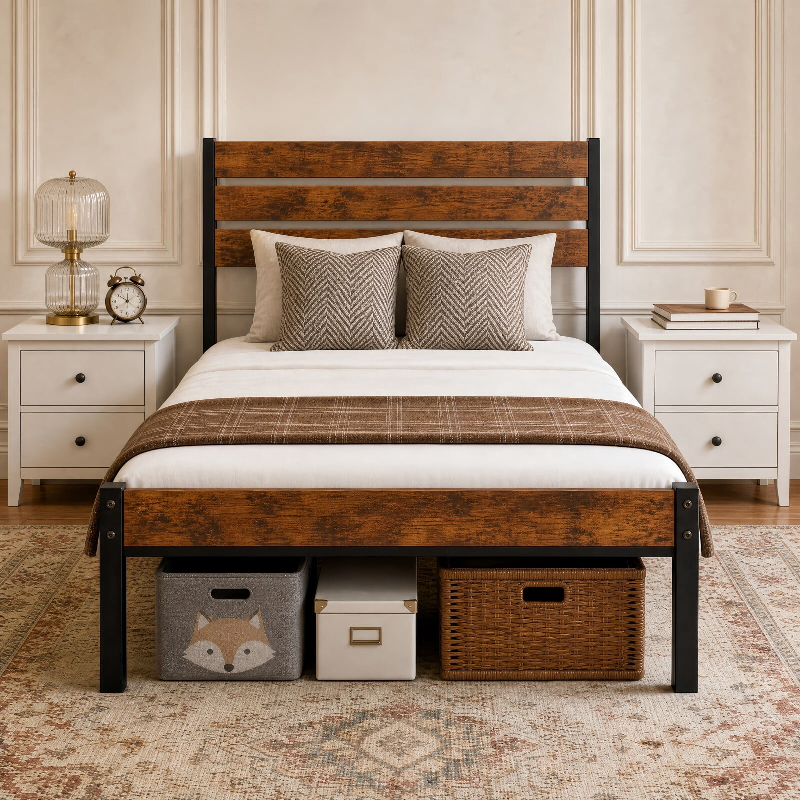 Kelno Industrial Full Size Bed Frame 800LBS Heavy Duty with Wooden Headboard 14 Inch Metal Platform Bed No Box Spring Needed, Rustic Brown
