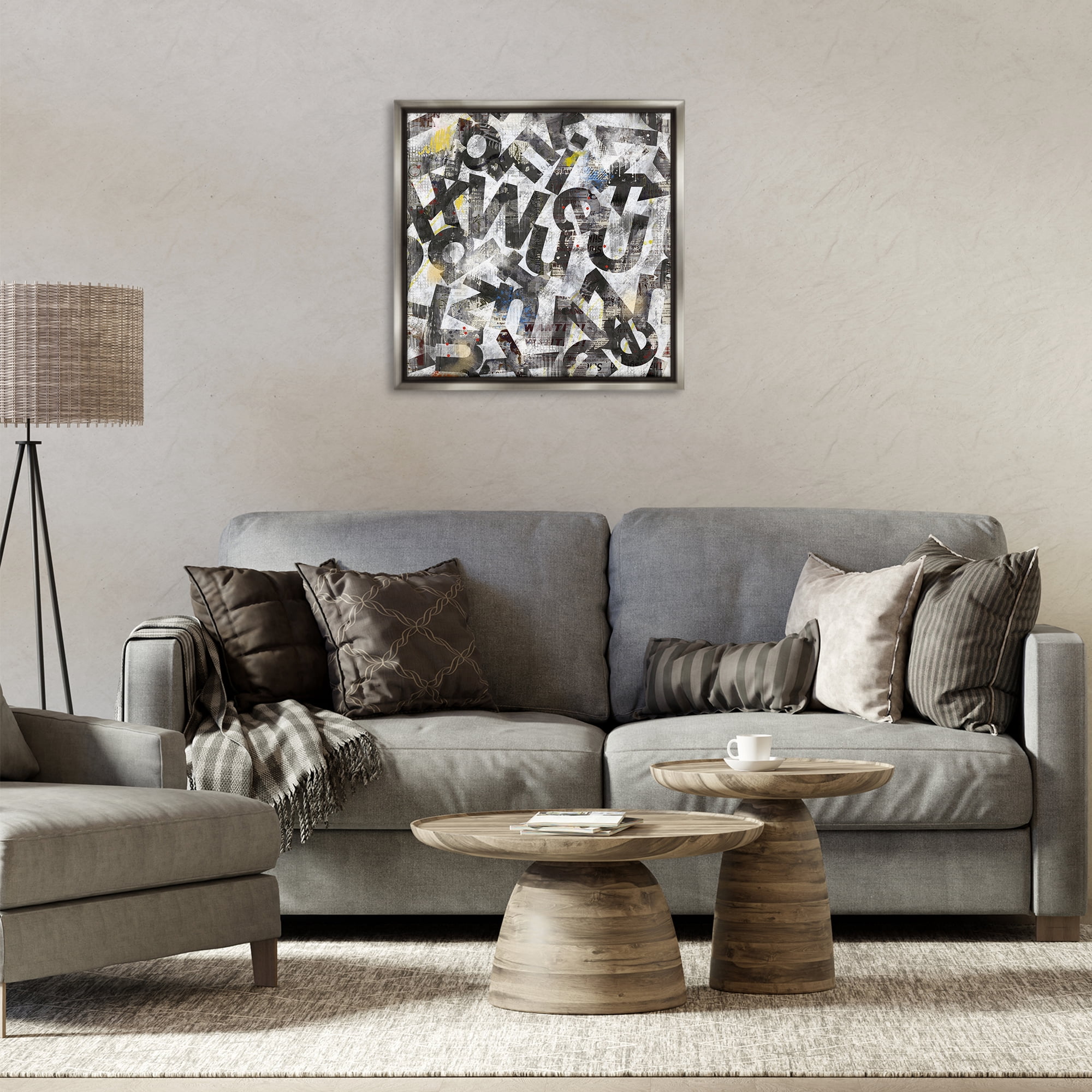 Stupell Industries Mixed Letters Abstraction Abstract Painting Gray Floater Framed Canvas Art Print Wall Art, 25 x 25