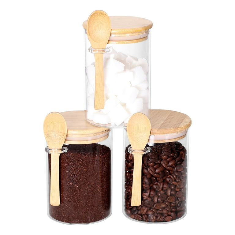 1Set Glass Jars with Bamboo Lids and Spoon Small Glass Sugar