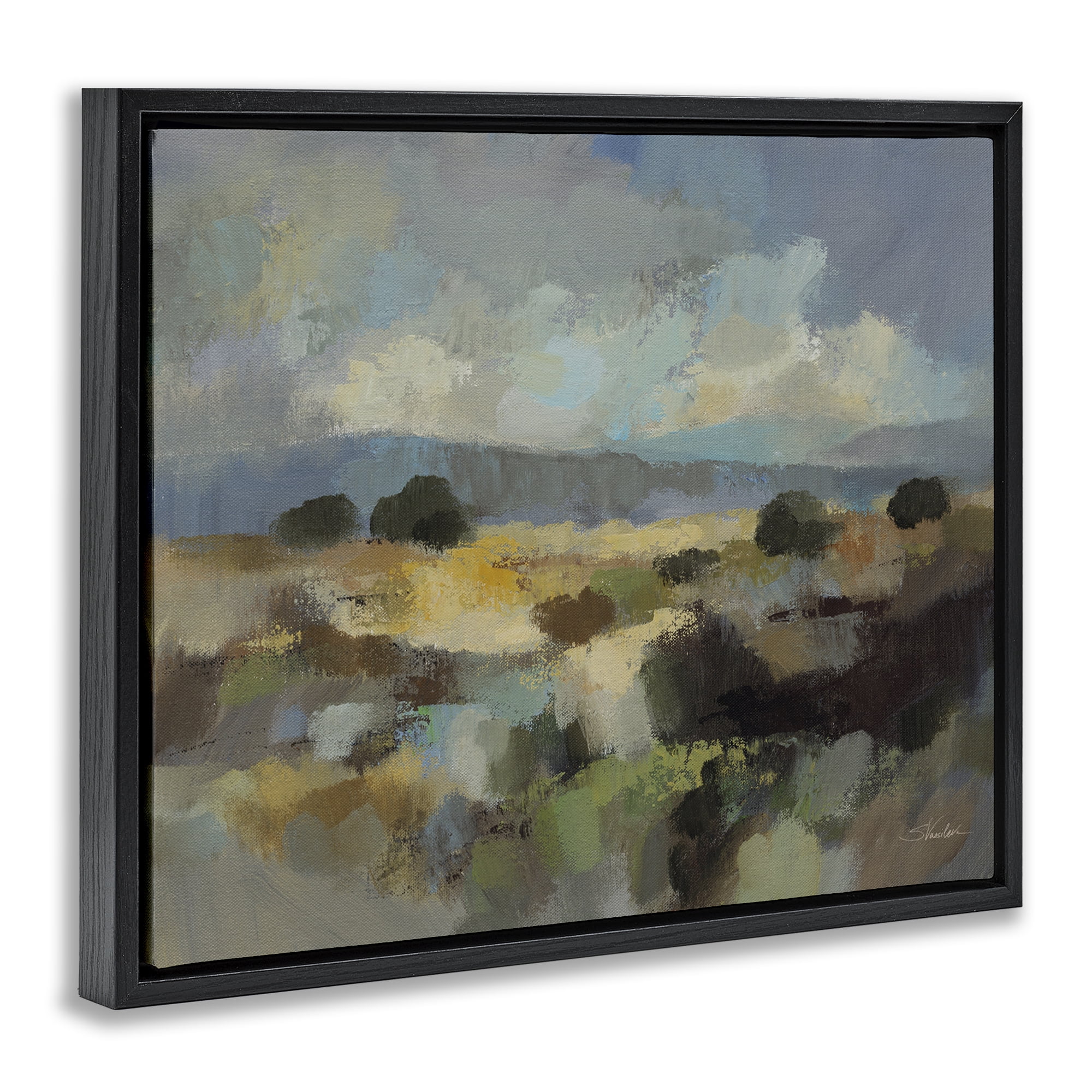 Stupell Industries Muted Blue Landscape with Clouds Black Framed Floater Canvas Wall Art, design by Silvia Vassileva
