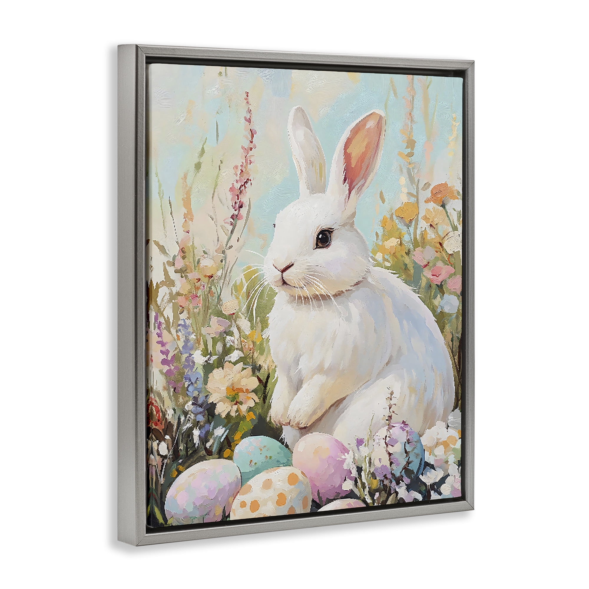 Stupell Industries White Easter Bunny in Wildflowers Gray Framed Floater Canvas Wall Art, design by The Prints Vibe
