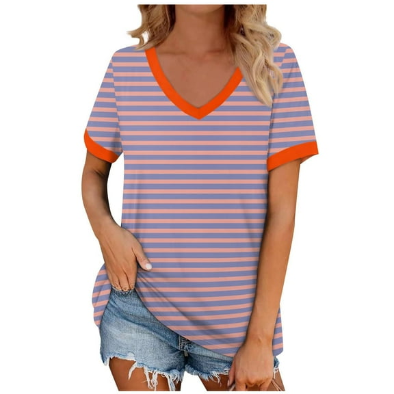 Women's V Neck Cotton T Shirts Color Block Short Sleeve Tops for Women Summer Casual Loose Fit Basic Shirts (Dark Blue XL)