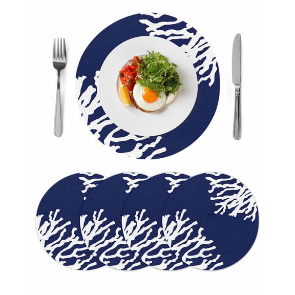 Coral Navy Blue Round 13 Inch Placemats Set of 4, Coastal Ocean Marine Nautical Beach HeatResistant Non Slip Place Mats for Dining Table, Wipeable Braided Kitchen Table Mats for Housewarming