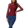thumbnail image 4 of INSPIRE CHIC Mesh Top for Women's Solid Long Sleeve Mock Neck Sheer Panel with Side Shirring L Red, 4 of 6
