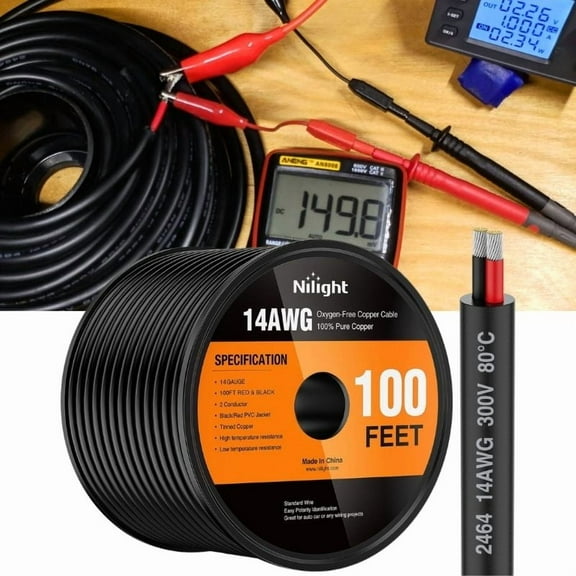 100FT Electrical Wire Cable Flexible Wire Extension Cord 14AWG Copper Clad Aluminum Copper Wire 2 Conductors Red Black Parallel Wire line Hookup LED Lighting Strips Cable for Speaker,LED Strips