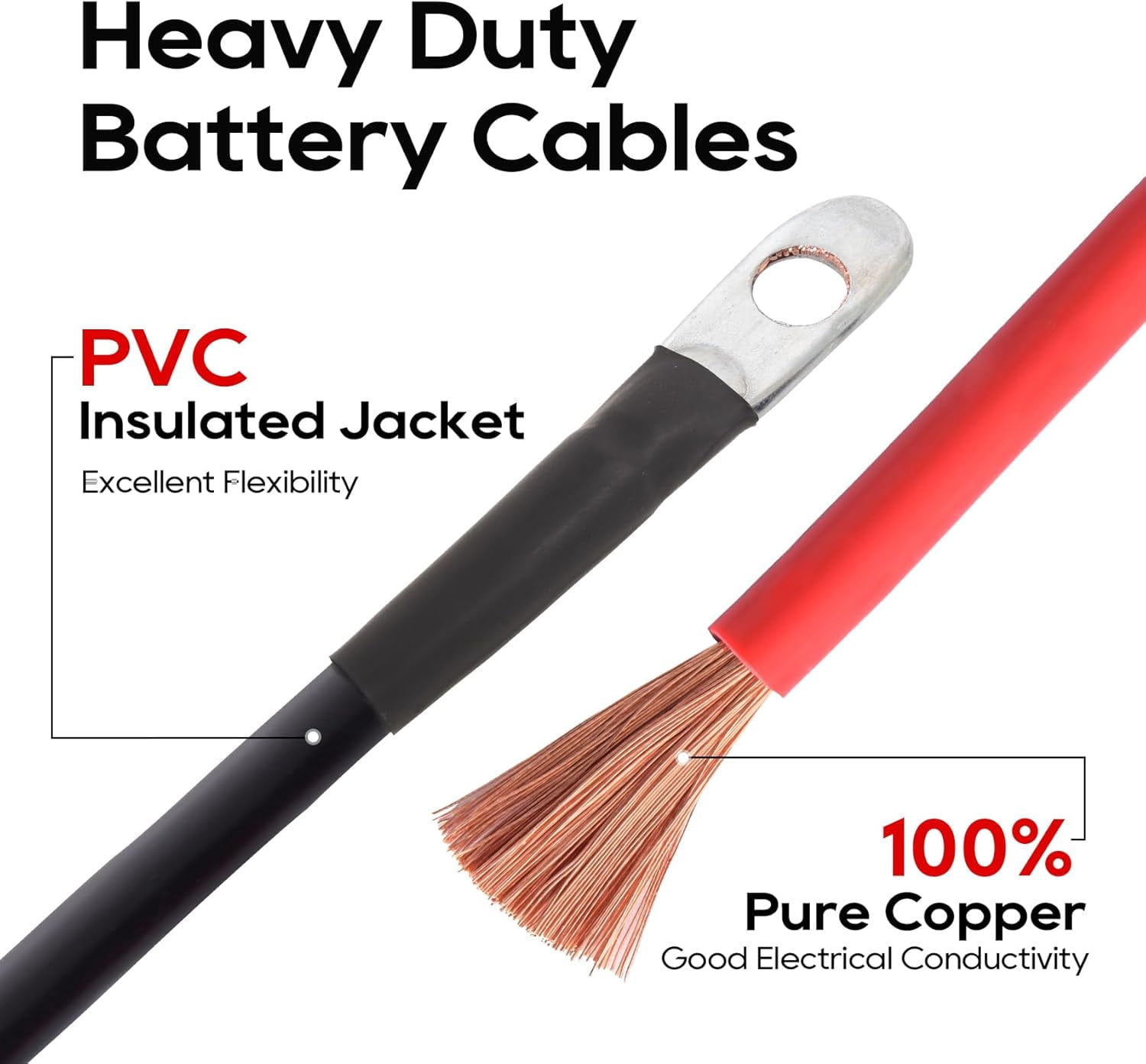 2 AWG Battery Cable 2AWG 24-Inch Battery Inverter Cables Set All Copper Conductor Wire with 3/8" R Terminals (2 AWG x 24 Inches) for Car, Truck, RV,2Pcs