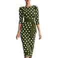 thumbnail image 2 of ClodeEU Women's Polka Dot Round Neck 3/4 Sleeve Self Belt Waist Bodycon Midi Pencil Dress,Vintage Elegant Cocktail Party Dress Army Green,Women's Plus L, 2 of 6
