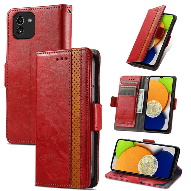Case for Samsung Galaxy A03S Cover Leather Wallet Folio Case Book Design Flip Magnetic Closure - Red