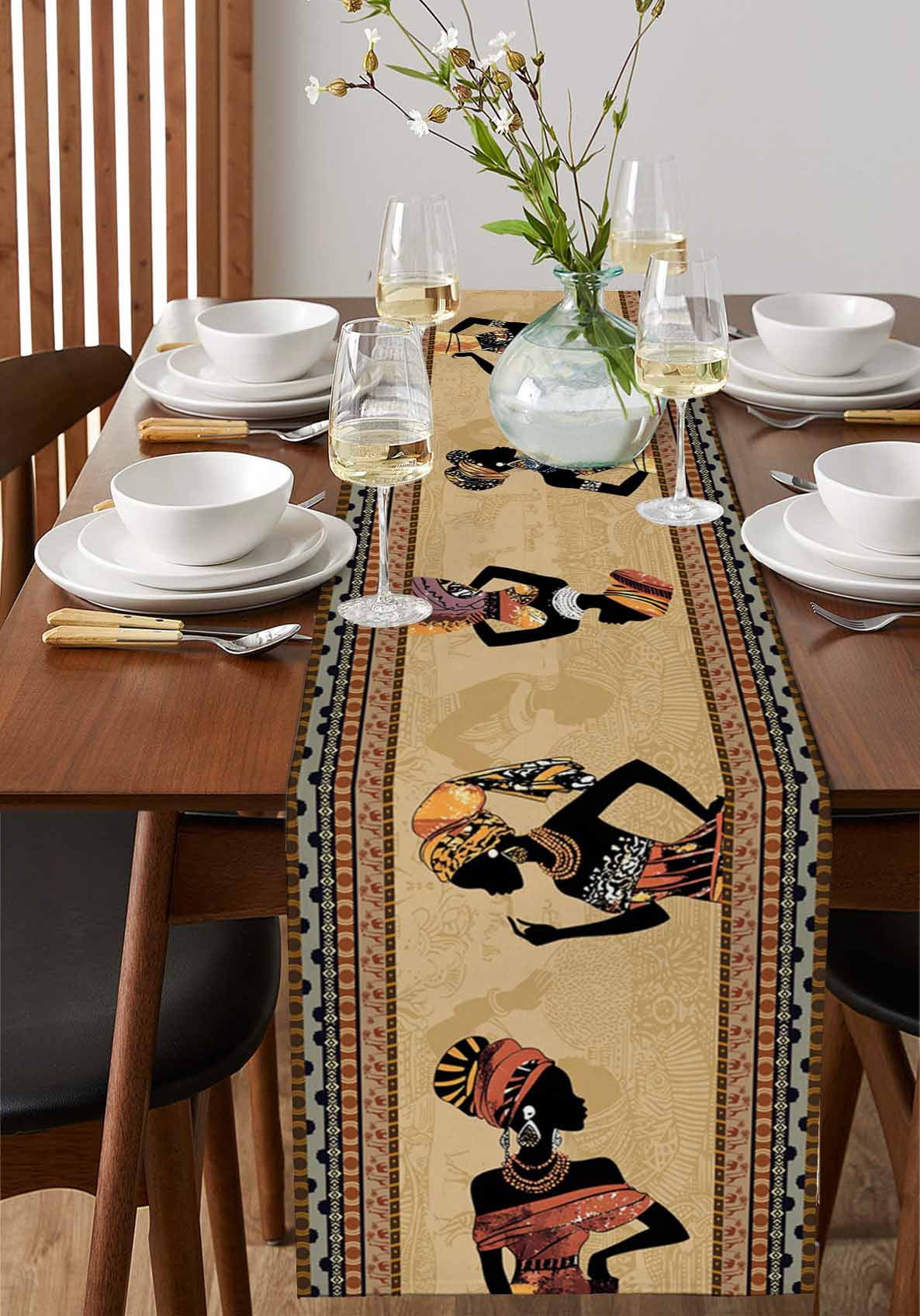 African Black Women Table Runner 72 Inches, Boho Ethnic Tribe Vintage Brown Bed Runner Dresser Scarves Tabletop for Indoor Outdoor Parties/Ceremony/Banquet, 16" x 72"