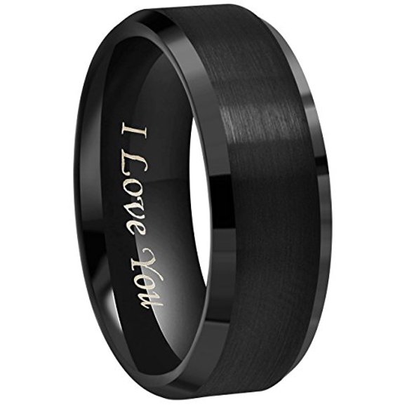 6mm 8mm 10mm Black Tungsten Wedding Band Ring Engraved I Love You Men Women Brushed Finish Beveled Edges (8mm,10)