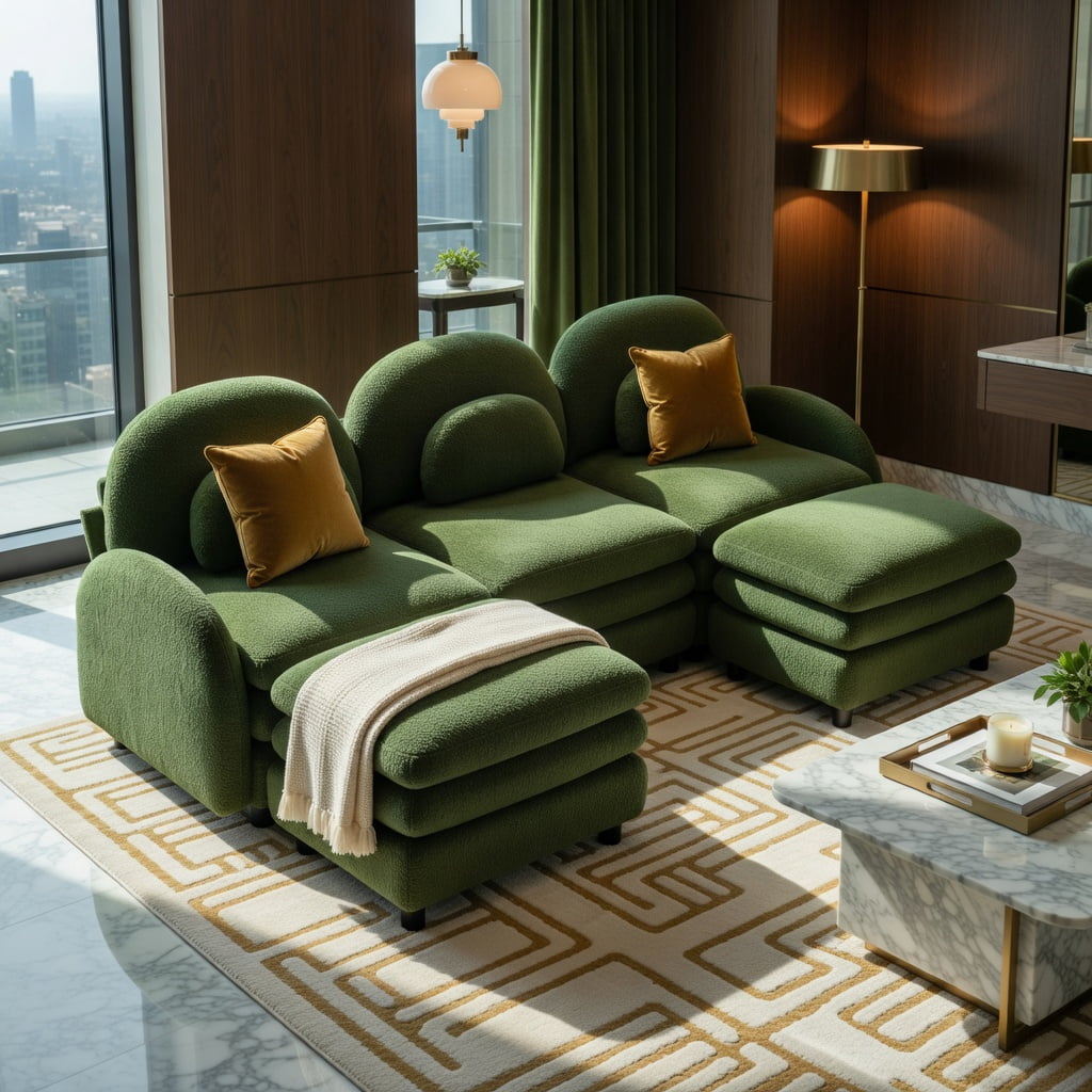 Hommoo Teddy Fleece 3-Seat Modular Sectional Sofa with Curved Backrest, Lumbar Pillows & 2 Movable Ottomans, Cloud-Like Comfort, Easy Assembly, Green