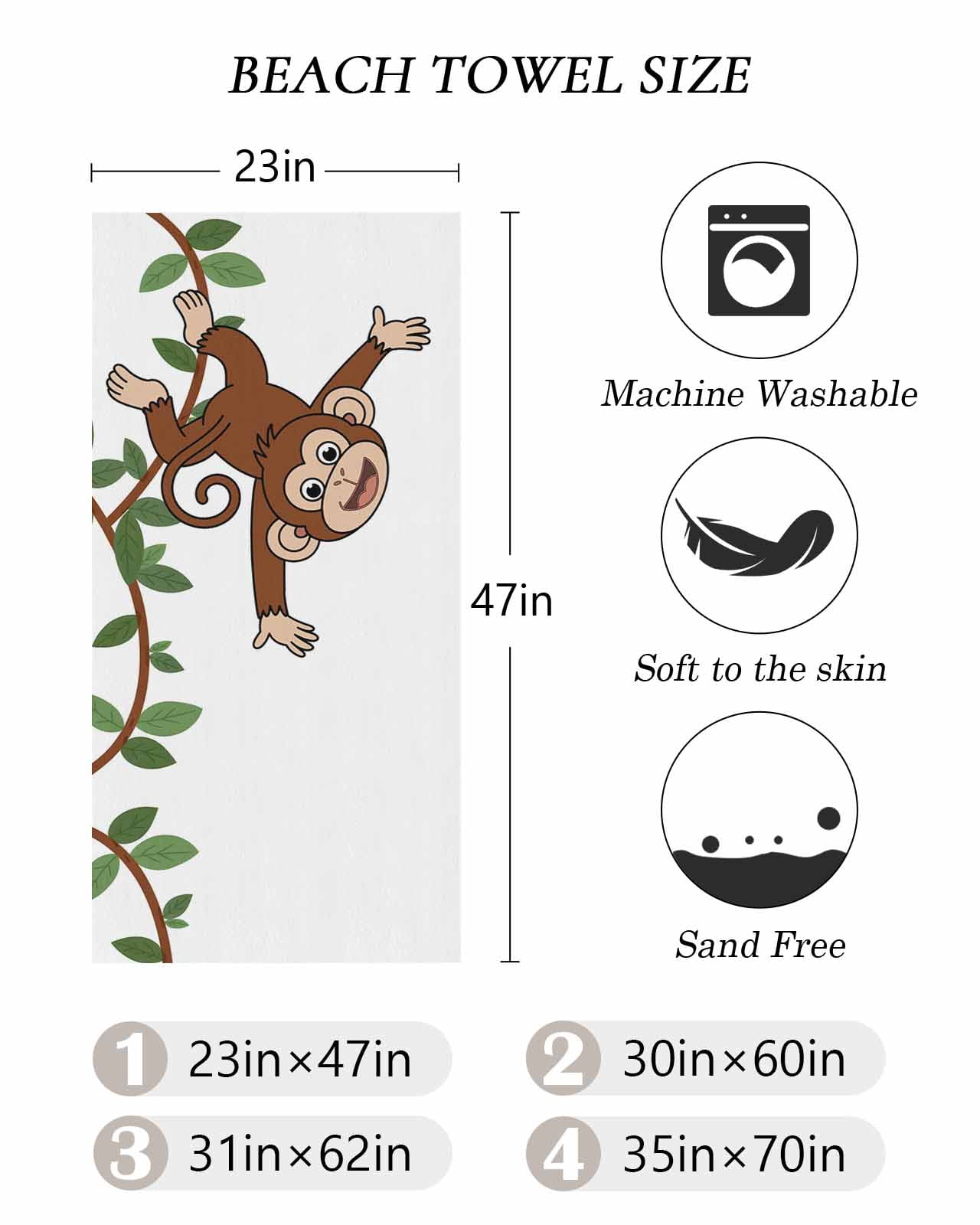 Brown Cute Monkey Beach Towels Oversized Super Absorbent, Playing Funny Animal on Branch Lightweight Bath Towel Quick Dry Sets For Bathroom/Pool/Rv Camping/Beach Play/Gym Room/Picnic 23"x47"