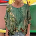 thumbnail image 3 of JTZGDY Boho Tops for Women Dressy Casual Floral Printed Summer Long Sleeve Crewneck Graphic T-Shirts Loose Oversized Soft Cotton Tunic Blouse Army Green#02 XL, 3 of 6