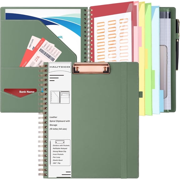 Spiral Leather Clipboard Folio with Notepad (8.5 x 11''), 5 Folders with 10 Pockets, Storage Zipper Pouch, Pen Loop, 39 Stickers, Padfolio Organizer for Work School, Olive Green