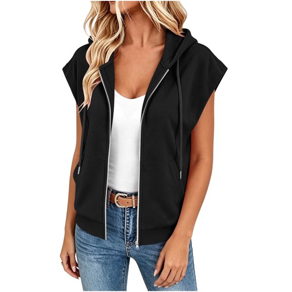 Fnooota Women's Sleeveless Hoodies, Casual Lightweight Full Zip Drawstring Womens Clothes Womens Tops Black Size S-3XL