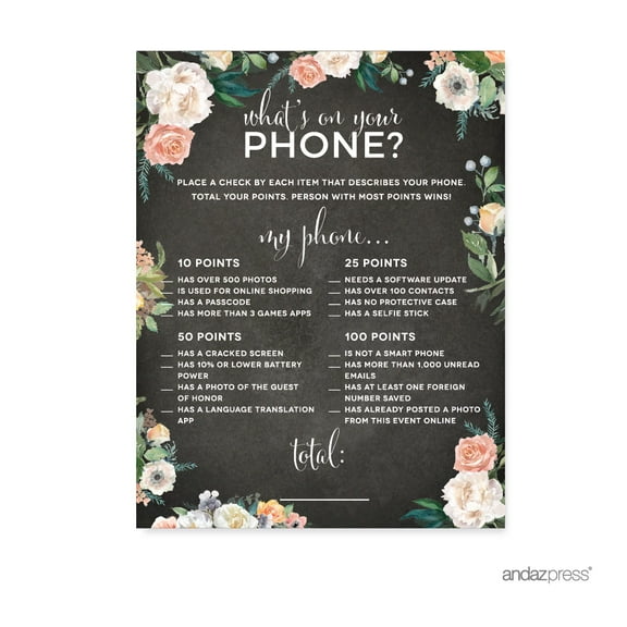 Peach Chalkboard Floral Garden, What's on Your Phone? Game Cards, 20-Pack, Games