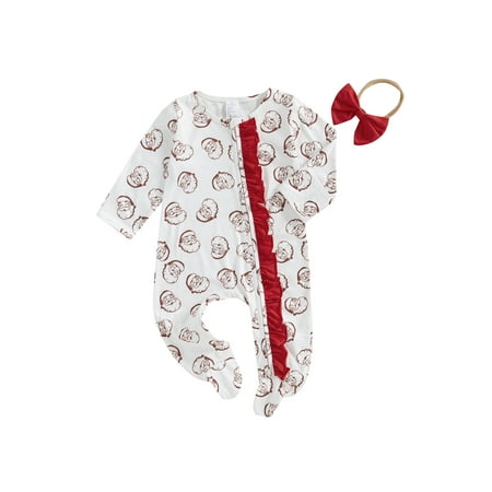 

GOODLUCKY Girls Christmas Footie Romper Santa Print Zipper Jumpsuit and Headband