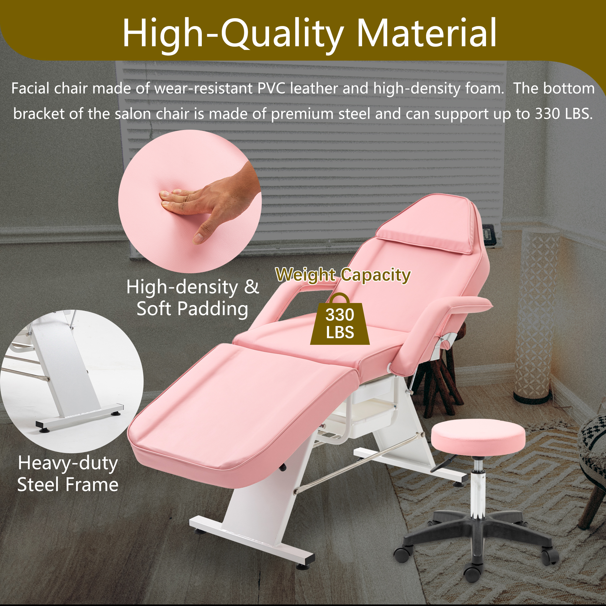 Miniyam 72.7" x 24.4" x 27.6" 3-in-1 Massage Bed & Tattoo Chair – 2 Trays, Hydraulic Stool, Adjustable 3 Sections – for Facial, Beauty, Barber – Pink