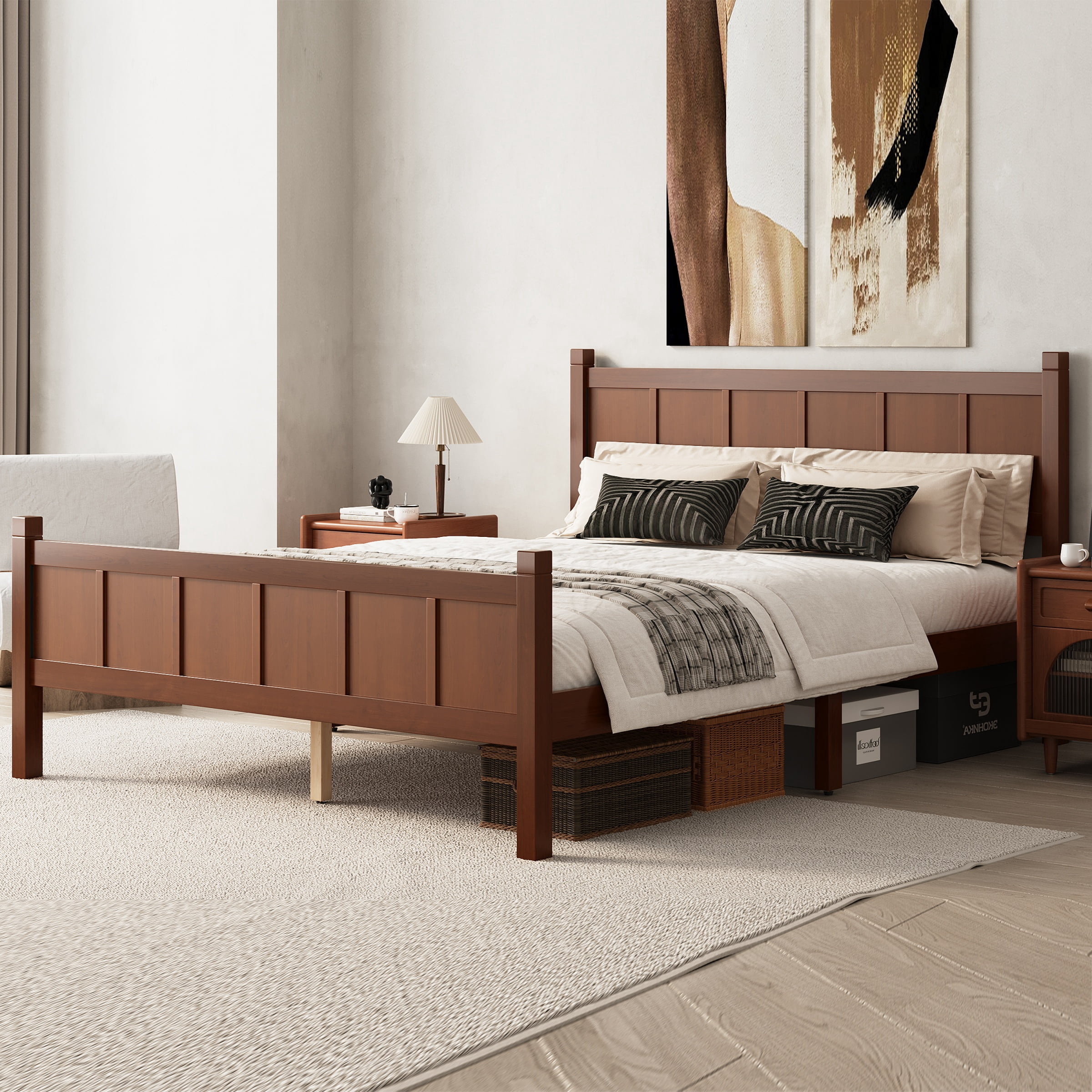 Queen Bed Frame,Wooden Queen Size Bed Frame with Headboard and Footboard, Minimalist Modern Platform Bedframe with Wood Grain Finish for Teens Adult,Dark Walnut