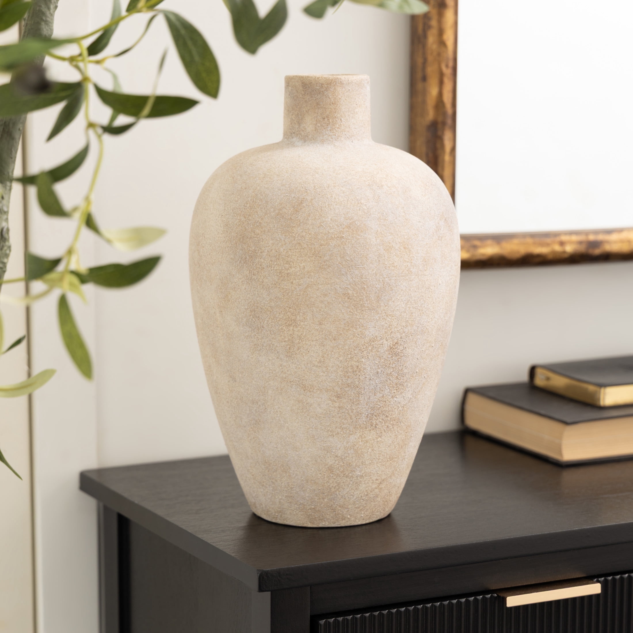 DecMode 13" Wide Washed Cream Ceramic Vase with Brown Accents