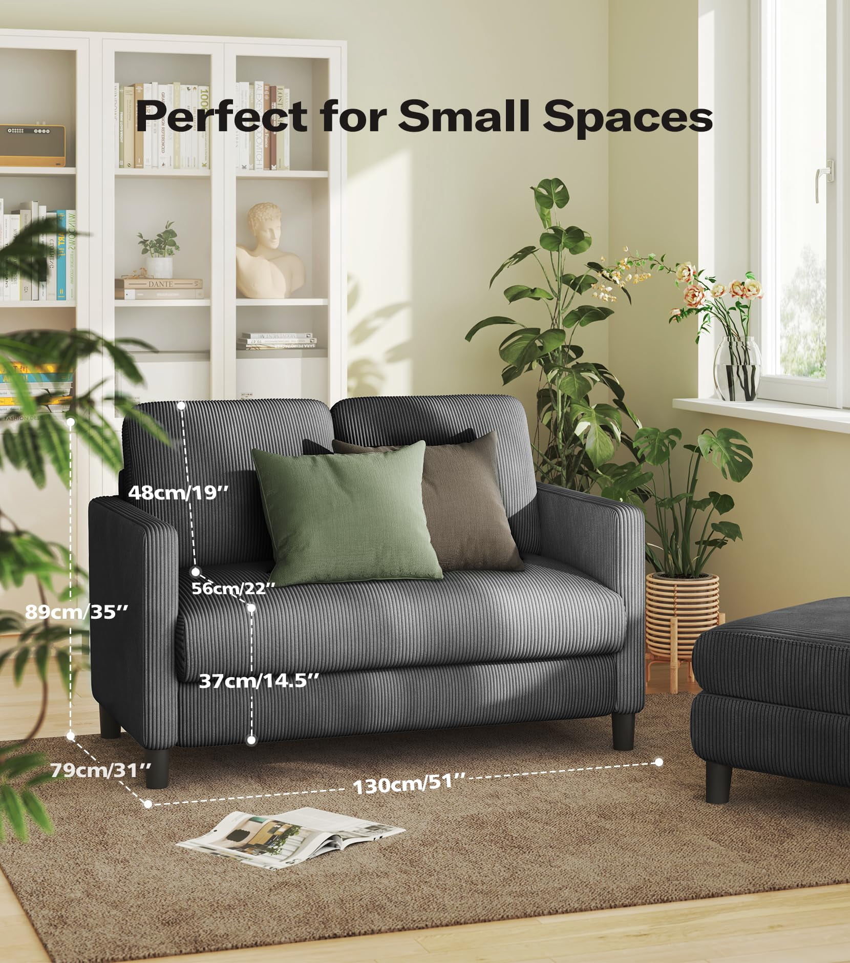 Welzona 51" Corduroy Loveseat Sofa, Small 2-Seater Couch for Small Spaces, Tool-Free Assembly, Grey