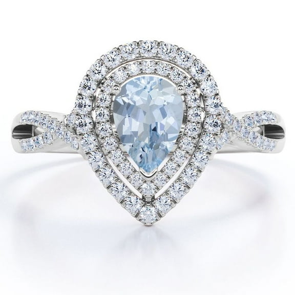 JeenMata Twisted Infinity 1.75 Carat Pear-Shaped Created Aquamarine and Moissanite Pave Double Halo Cluster Engagement Ring in 18K White Gold Plating over Silver