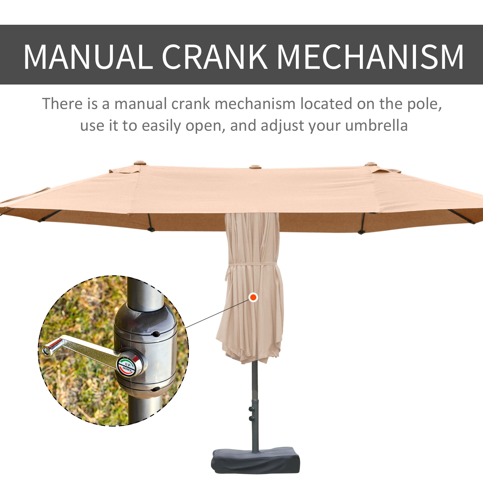 Outsunny Patio Umbrella 15' Steel Rectangular Outdoor Double Sided Market with base, Sun Protection & Easy Crank for Deck Pool Patio, Coffee