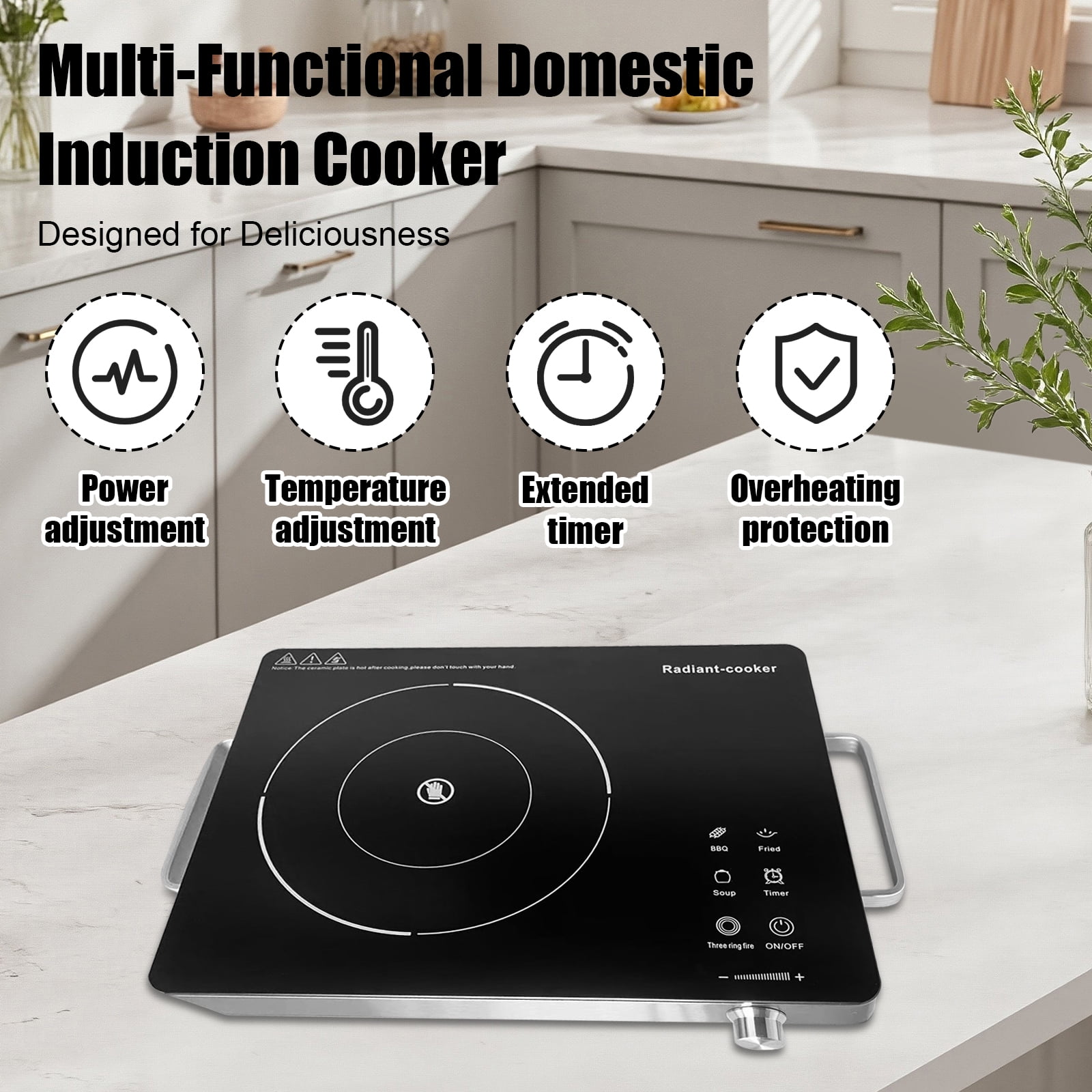 3500W Portable Electric Stove, Infrared Burner with 3-Hour Timer Electric Heating Plate Surface Touch and Knob Controls 10-Level Power Temperature Adjustment for Flat-Bottom Cookware