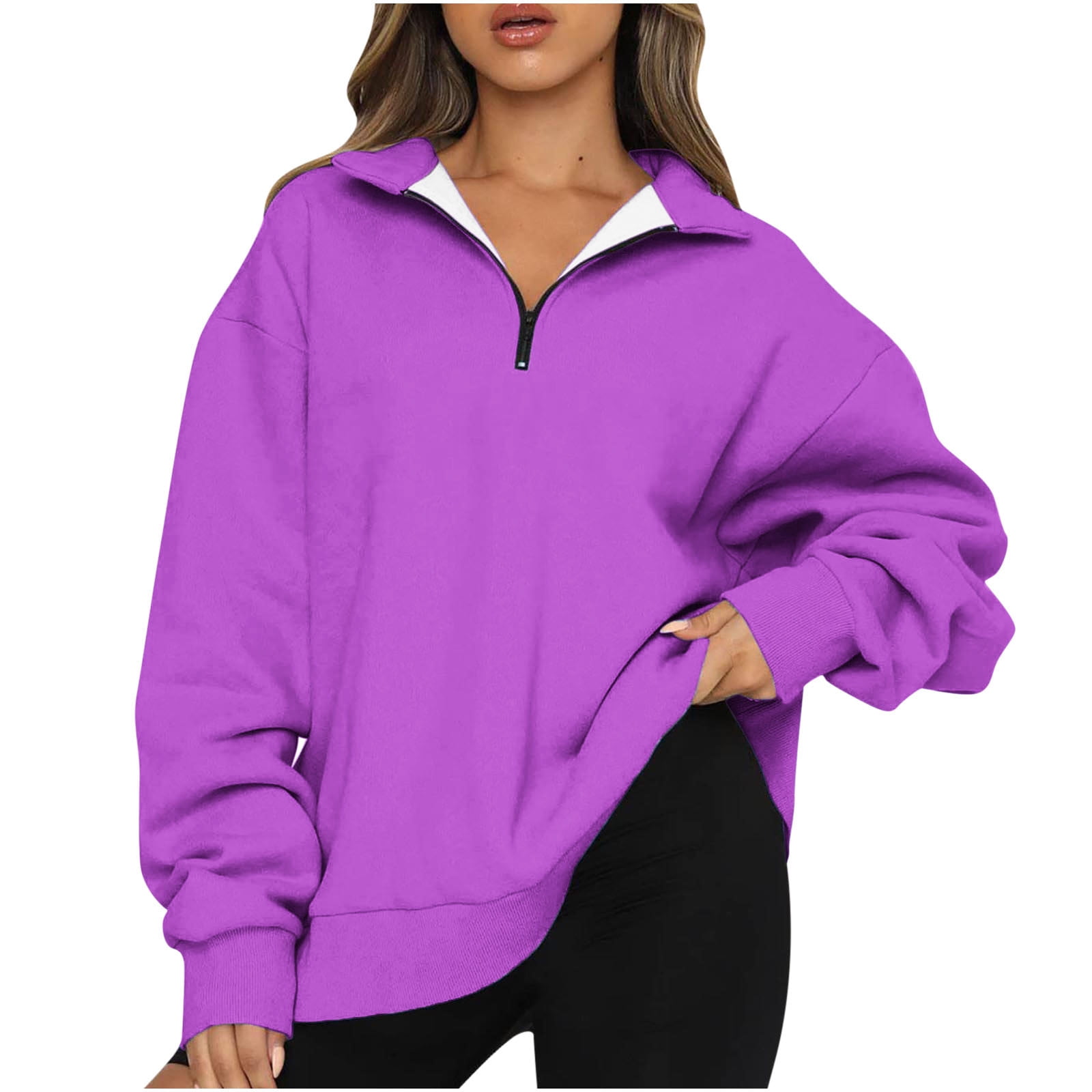 PEZHADA Fall Savings Womens Oversized Half Zip Pullover Pure Colour Lapel Neck Long Sleeve Sweatshirt Quarter Zip Hoodie Sweater Teen Girls Fall Clothes Purple Walmart