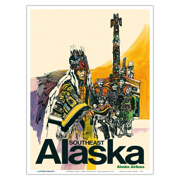 Southeast Alaska - Native Americans - Tribal Totem Poles - Alaska Airlines - Vintage Airline Travel Poster c.1974 - Master Art Print (Unframed) 9in x 12in