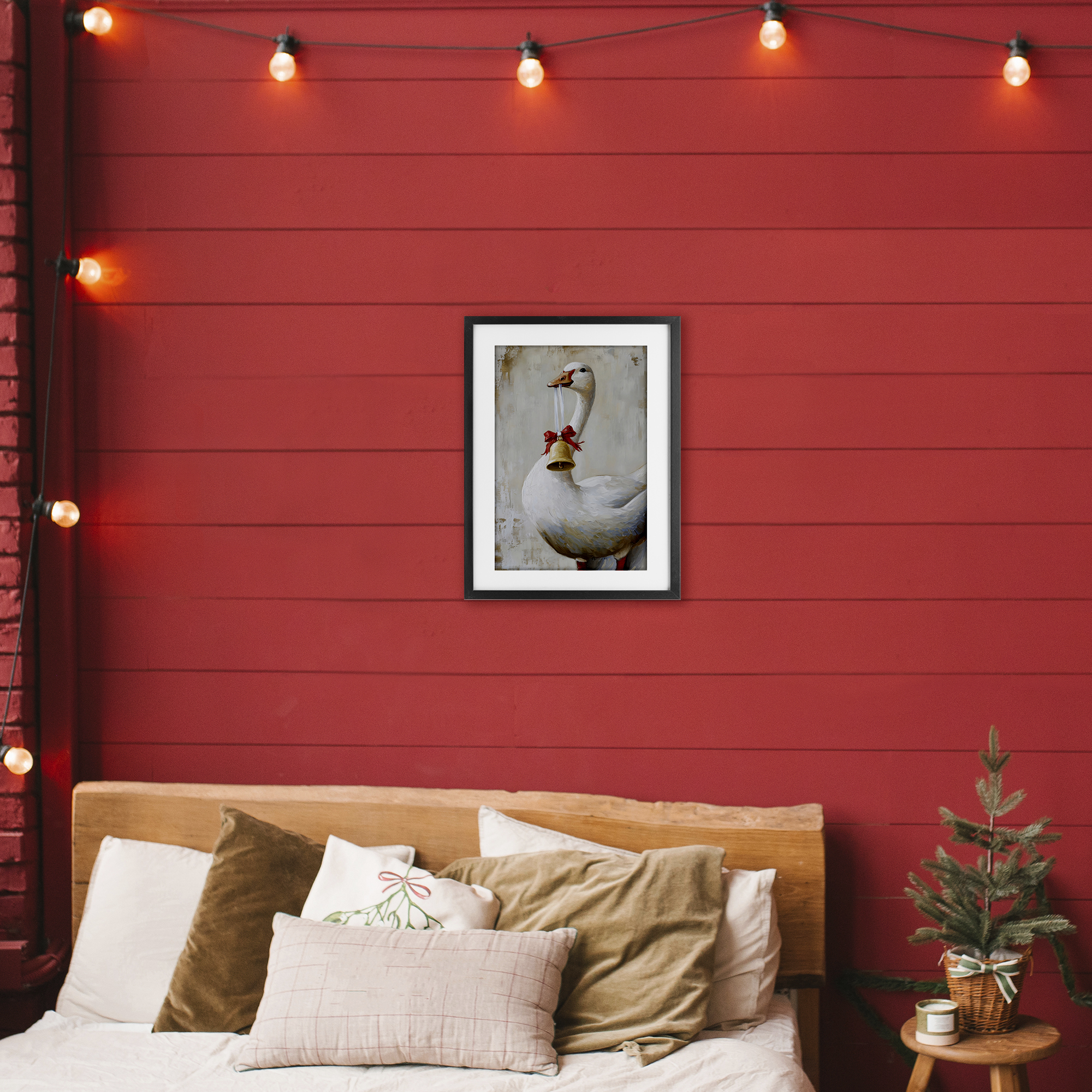 Festive Jingle Goose Black Framed Print Under Glass, design by Petal Prints Design