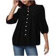 thumbnail image 1 of Dealovy Womens Tops Dressy 3/4 Puff Sleeve Solid Color Work Blouses Button down Crew Neck Business Casual Top, 1 of 9