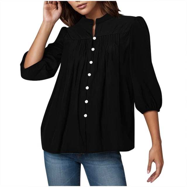 Dealovy Womens Tops Dressy 3/4 Puff Sleeve Solid Color Work Blouses Button down Crew Neck Business Casual Top