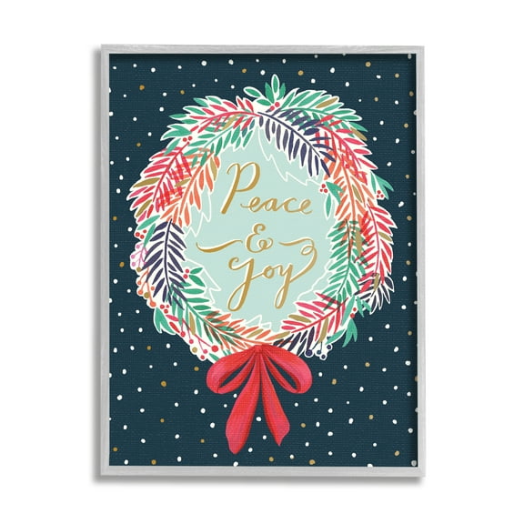 Stupell Industries Peace & Joy Festive Holiday Wreath Polka Dot Pattern Inspirational Painting Gray Framed Art Print Wall Art, 16 x 20