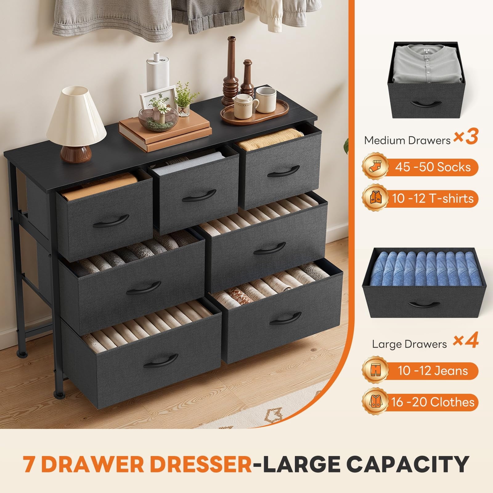 Telyra 7-Drawer Fabric Dresser TV Stand Organizer with Wood Top and Metal Frame Wide Storage Chest, Gray