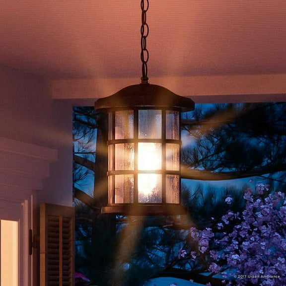 Urban Ambiance Luxury Craftsman Outdoor Pendant Light, Medium Size: 15.5"H x 10"W, with Tudor Style Elements, Wrought Iron Design, Oil Rubbed Parisian Bronze Finish and Seeded Glass, UQL1049