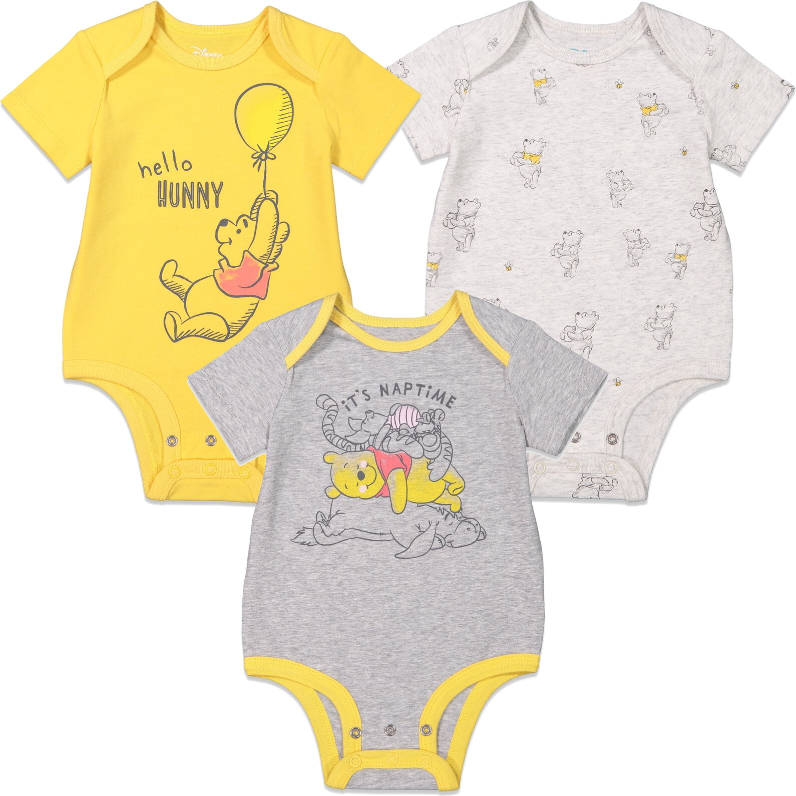 Disney Winnie the Pooh Baby Boy or Girl 3-Pack Short Sleeve Bodysuits Yellow Grey