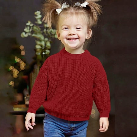 BRGZLK Children s Winter Solid Color Long Sleeved Round Neck Casual Comfortable Elastic Sweater Base Top For Kids Pullover Sweatshirt Fall Winter Clothes Red 5-6 Years