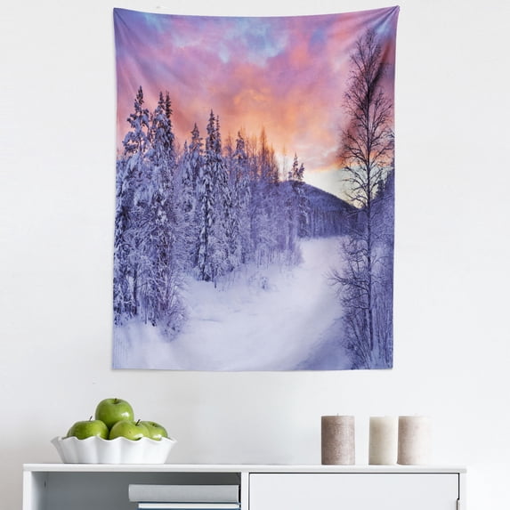 Winter Tapestry, Frozen River in a Wintry Landscape Finnish Lapland at Sunrise Arctic Nordic Country, Fabric Wall Hanging Decor for Bedroom Living Room Dorm, 5 Sizes, Multicolor, by Ambesonne
