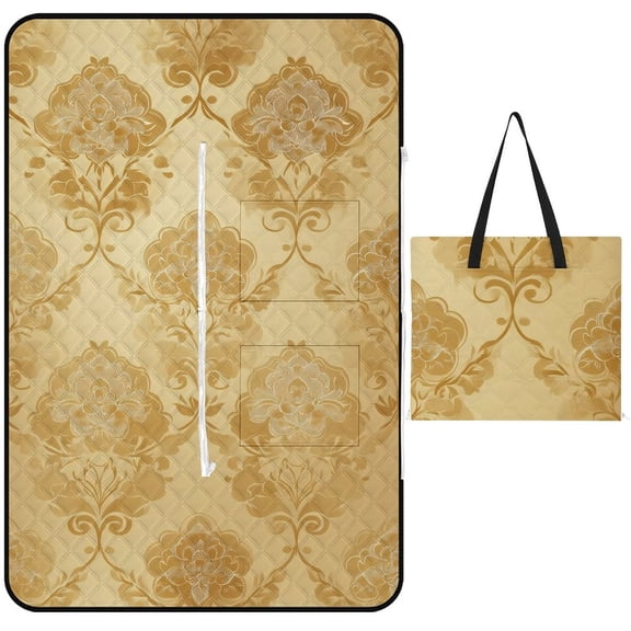 Elegant Gold Floral Damask Pattern Waterproof Picnic Blanket with Foldable Zipper, Suitable for Outdoor Use, Suitable for Travel, Camping, Beaches, Parks, Grasslands, Picnic Blanket Accessories