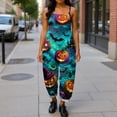 thumbnail image 4 of JULMCOMO Cotton Linen Jumpsuits for Women Halloween Haunted Castle Pumpkin Bat Print Spaghetti Strap Jumpsuits Plus Size Costume Holiday Overalls Cyan XL, 4 of 5