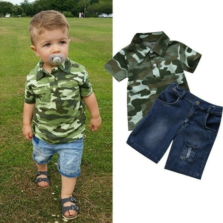 

Hot 2pcs Toddler Baby Boys Kids Shirt Tops+ Short Jeans Pants Clothes Outfits Set